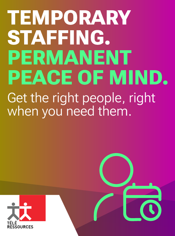 Temporary Staffing. Permanent Peace of Mind. Get the right people, right when you need them. (clock and calendar over person icon)