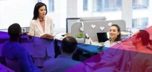 a businesswoman holding a notebook leading a team meeting
